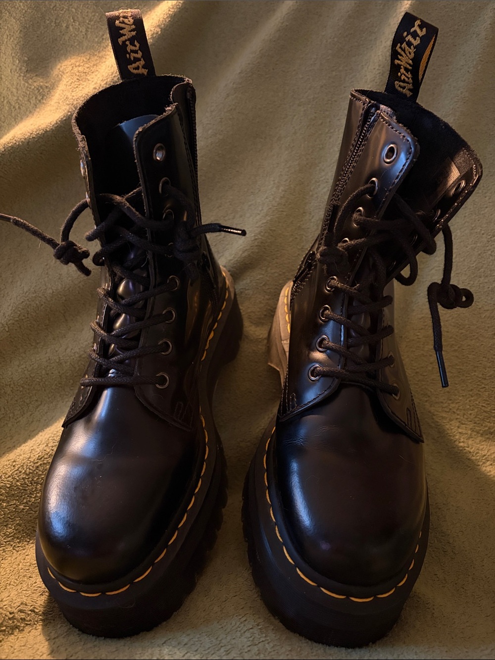 Dr. Martens Jadon Platform Black Leather Boots with Yellow Stitching size 8